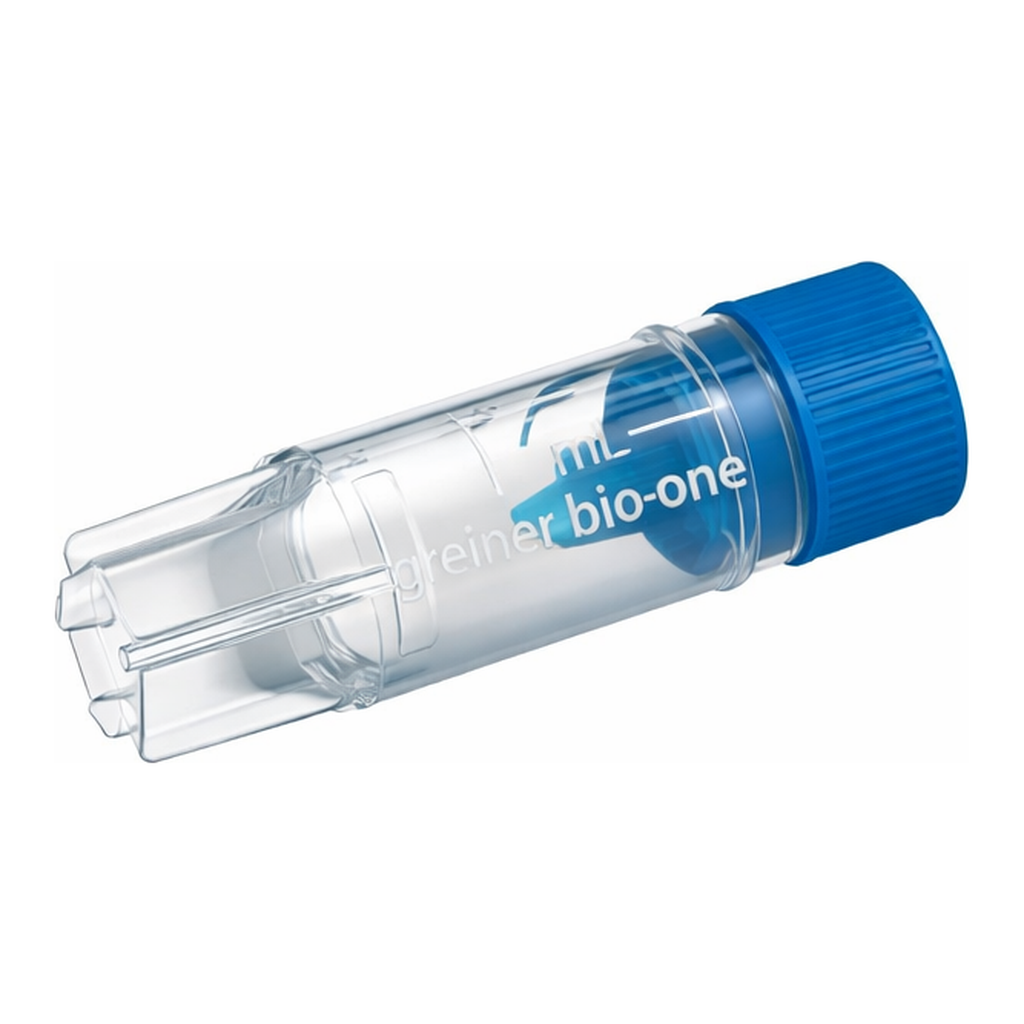 Greiner Bio One CRYO.S, 1 ML, PP, CONICAL BOTTOM,INTERNAL THREAD, BLUE SCREW CAP, WRITING AREA, STARFOOT, NATURAL, STERILE, 100 PCS./BAG
