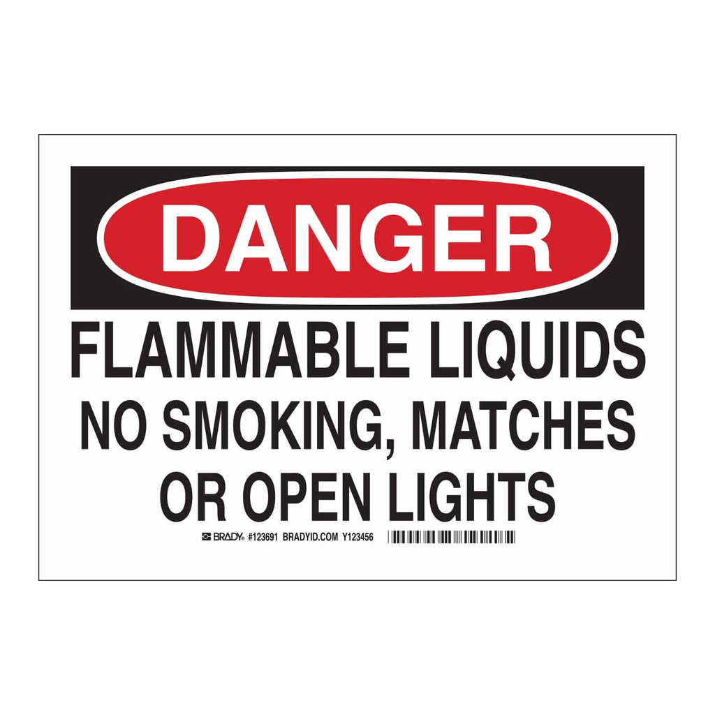 Brady DANGER Flammable Liquids No Smoking, Matches Or Open Lights Sign