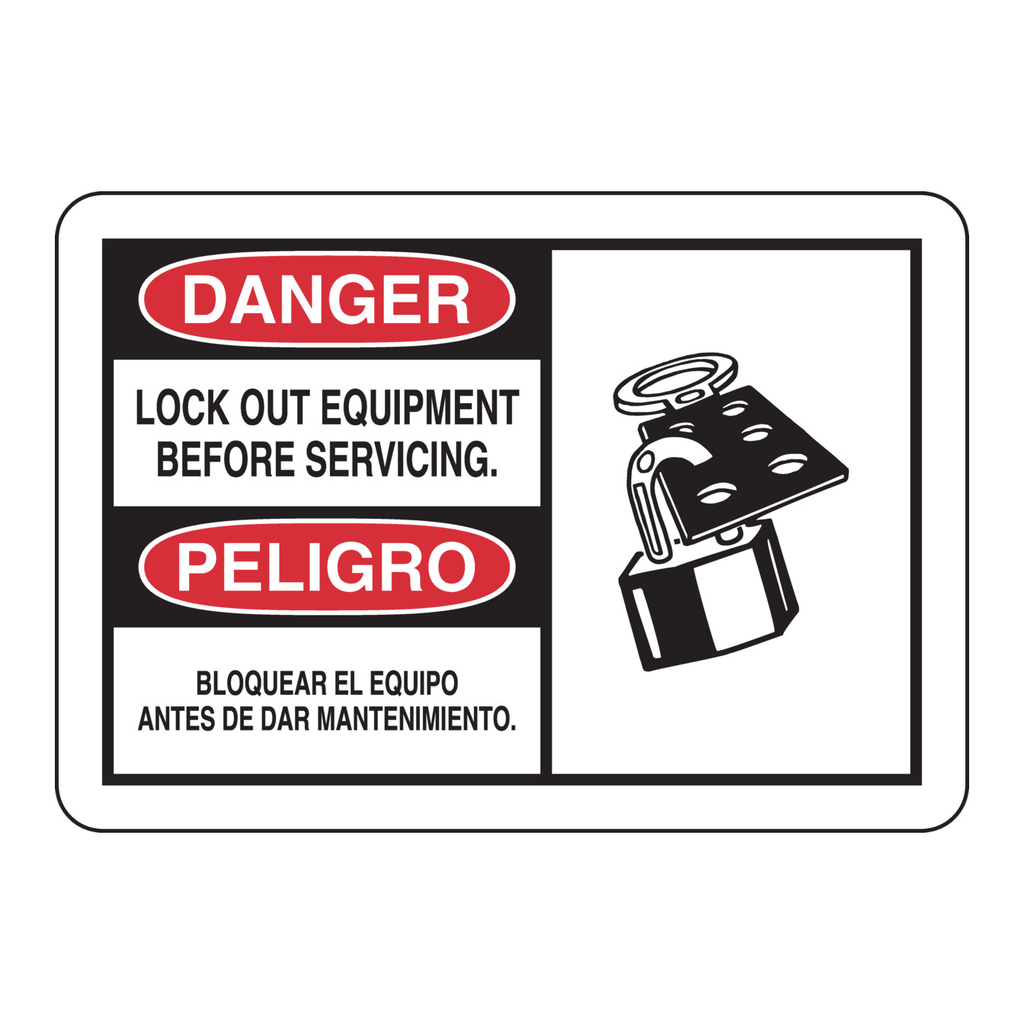Brady Bilingual DANGER Lock Out Equipment Before Servicing Sign