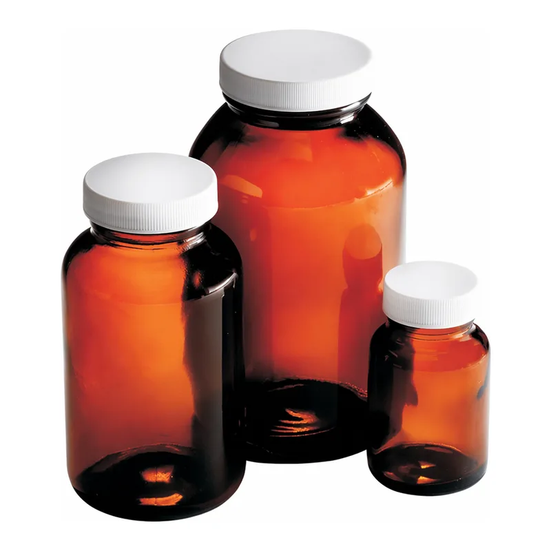 Thermo Fisher Scientific Amber Wide Mouth Packer Bottles with White Polypropylene Pulp/Vinyl Cap
