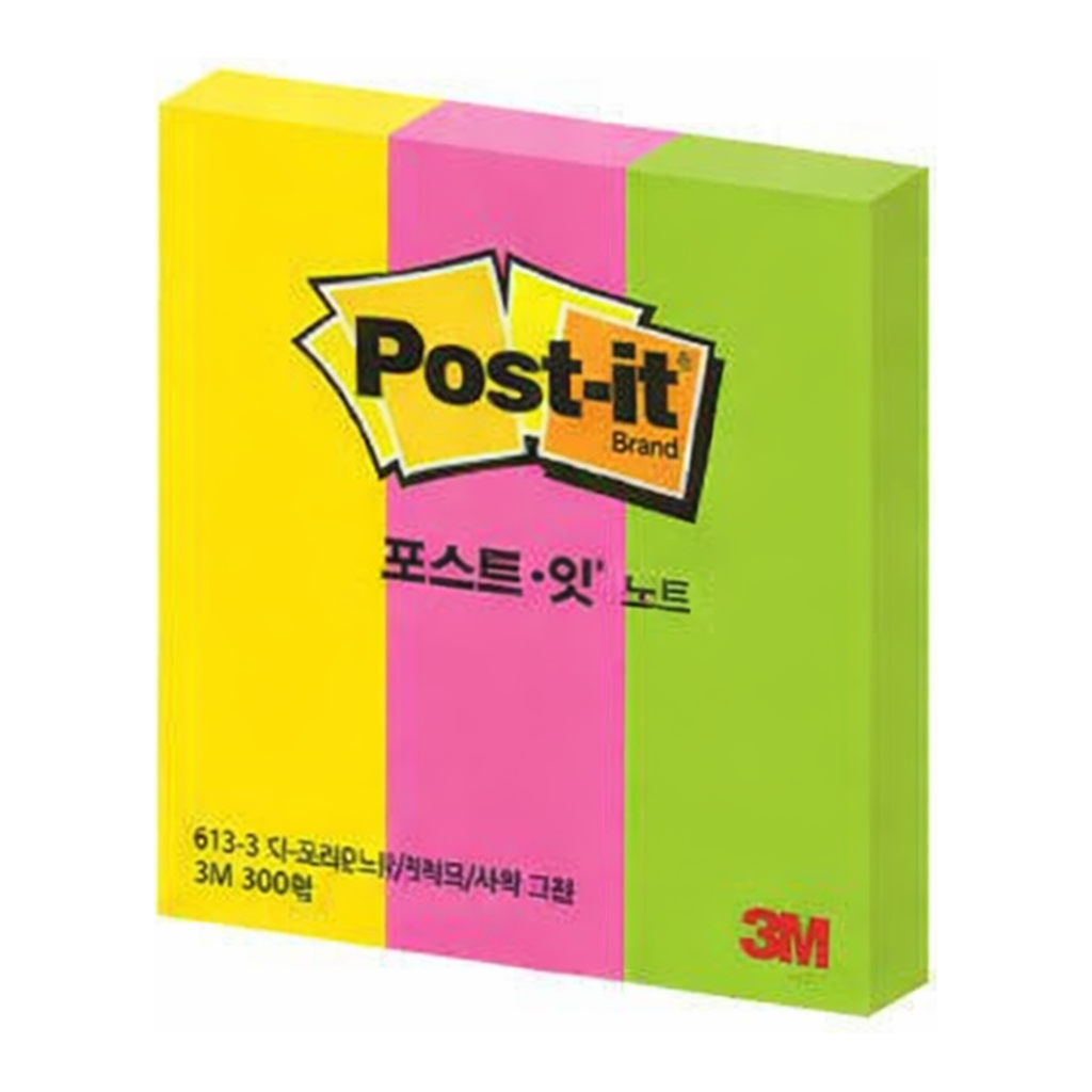 OFFICENEX 3M 포스트잇 강한점착용 613-3 형광(그리움노랑,핫핑크,새싹그린)