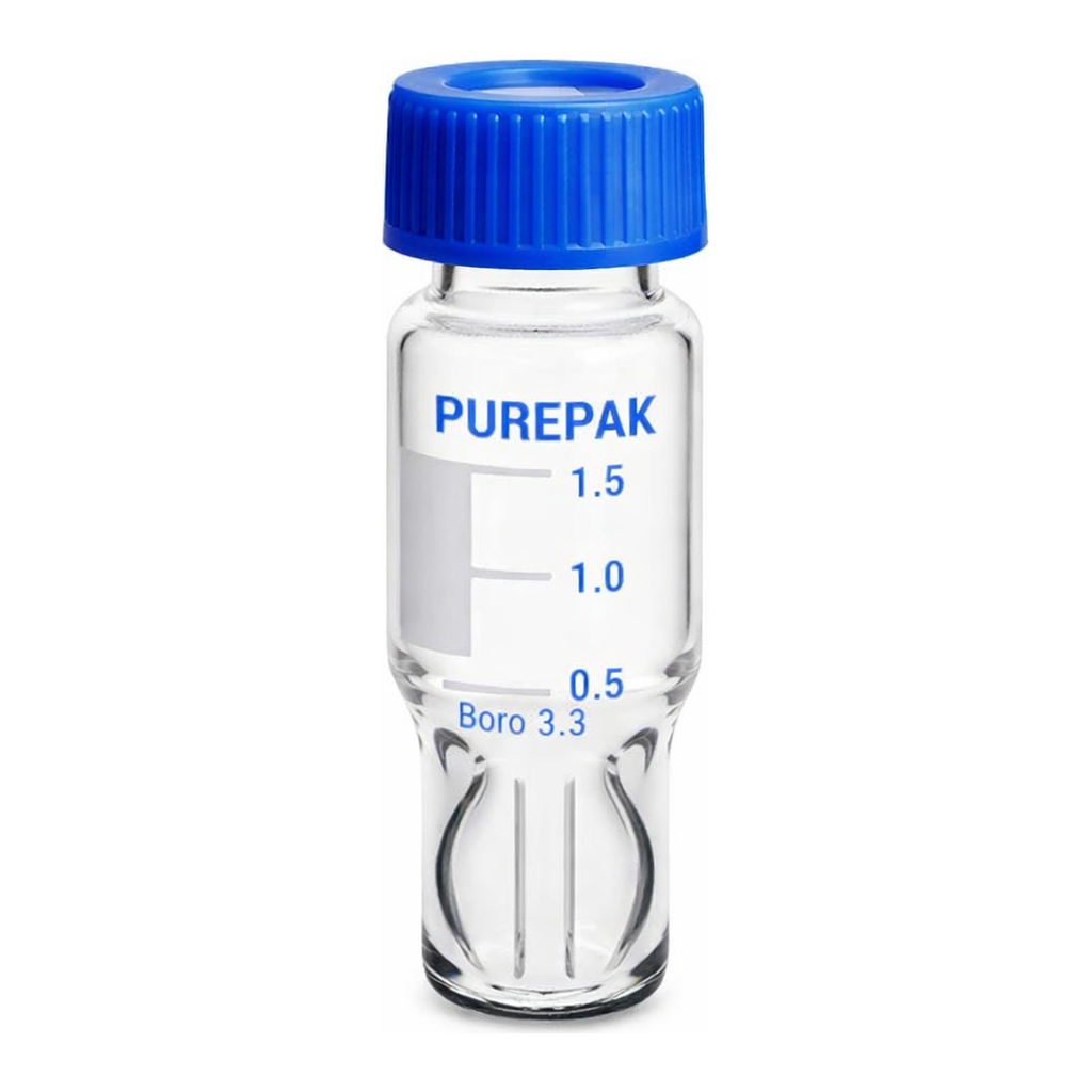 Waters Deactivated Clear Glass 12 x 32 mm Screw Neck Vial, Total Recovery, with Cap and Preslit PTFE/Silicone Septum, 1 mL Volume, 100/pk