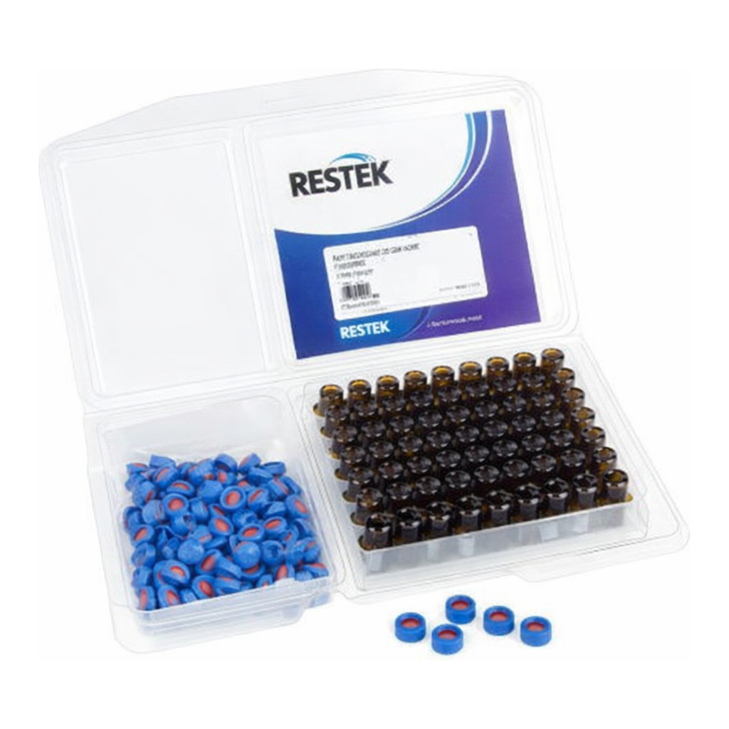 Restek 2ml Screw Thread Vial Kit, Amber w/Grad Marking Spot 9mm, Blue PTFE/Butyl Rubber Liner 100