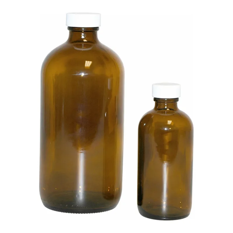 Thermo Fisher Scientific Safety Coated Amber Boston Round Bottles with Black Phenolic PolyCone Cap