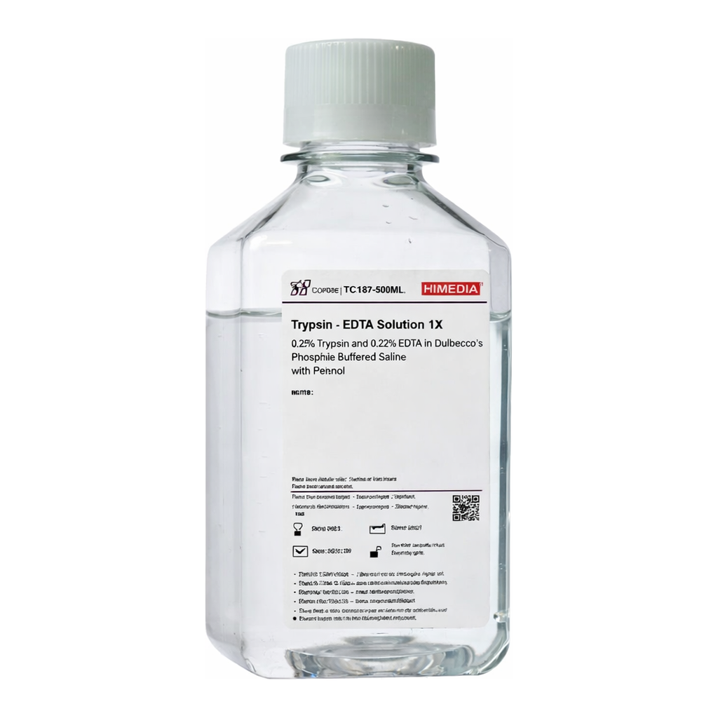Himedia Trypsin-EDTA Solution 1X 0.05% Trypsin and 0.02% EDTA IN 0.04% KCl, 0.1% glucose,0.58g/L sodium bicarbonate and phenol red in 0.8% normal saline