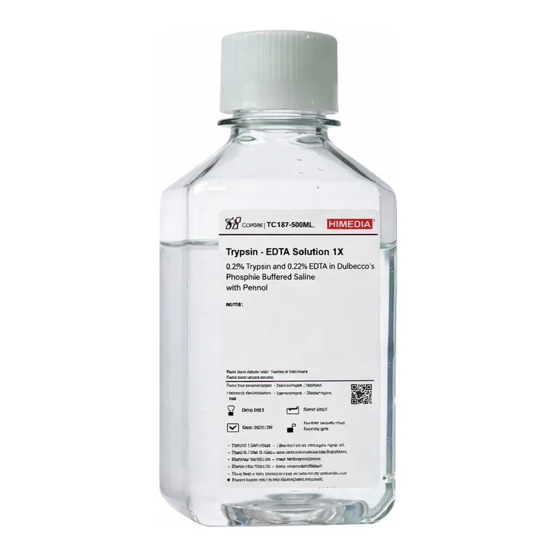 Himedia Trypsin-EDTA Solution 1X 0.05% Trypsin and 0.02% EDTA IN 0.04% KCl, 0.1% glucose,0.58g/L sodium bicarbonate and phenol red in 0.8% normal saline