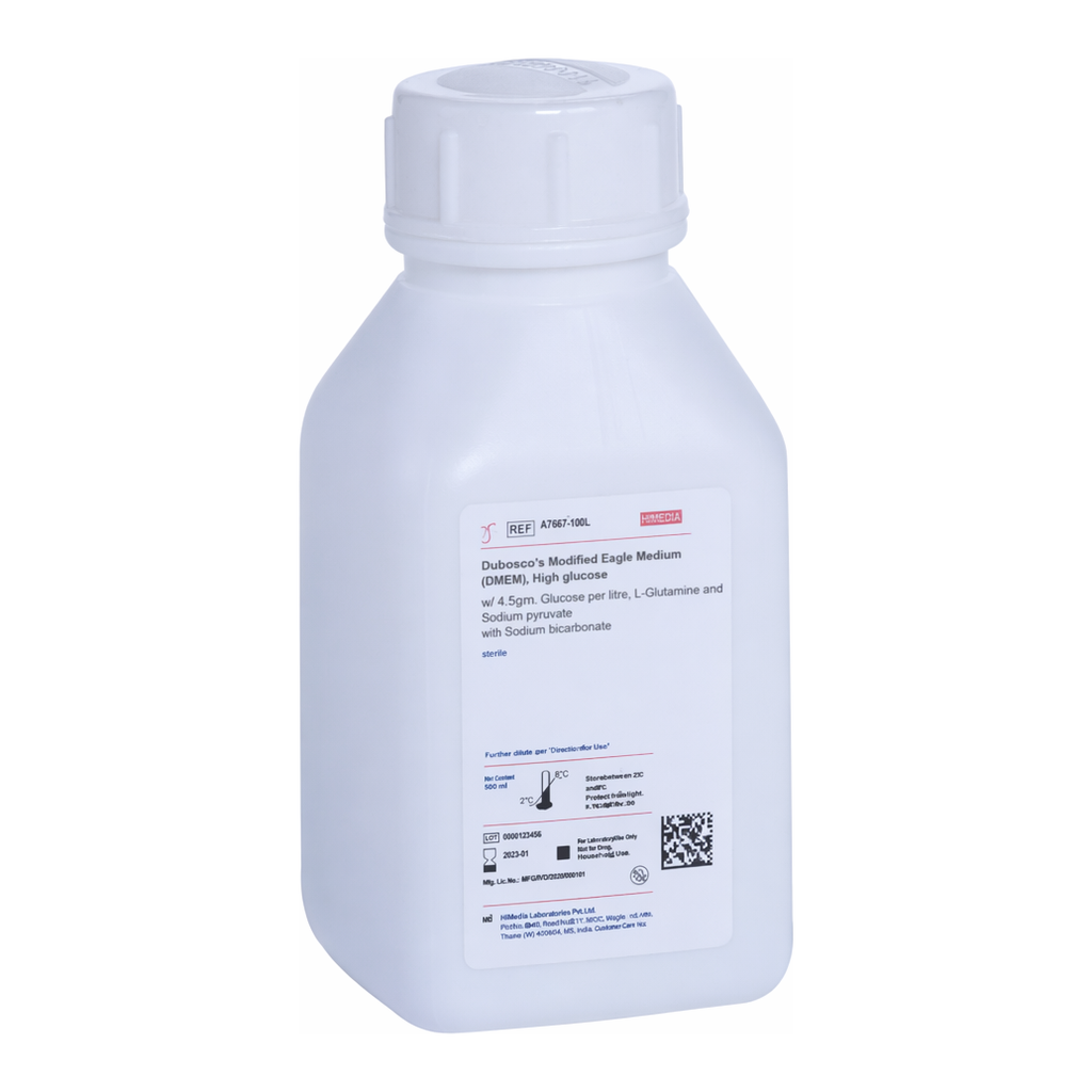 Himedia Dulbecco`s Modified Eagle Medium (DMEM), High glucose w/ 4.5gms Glucose per litre w/o L-Glutamine, Sodium bicarbonate and Sodium pyruvate