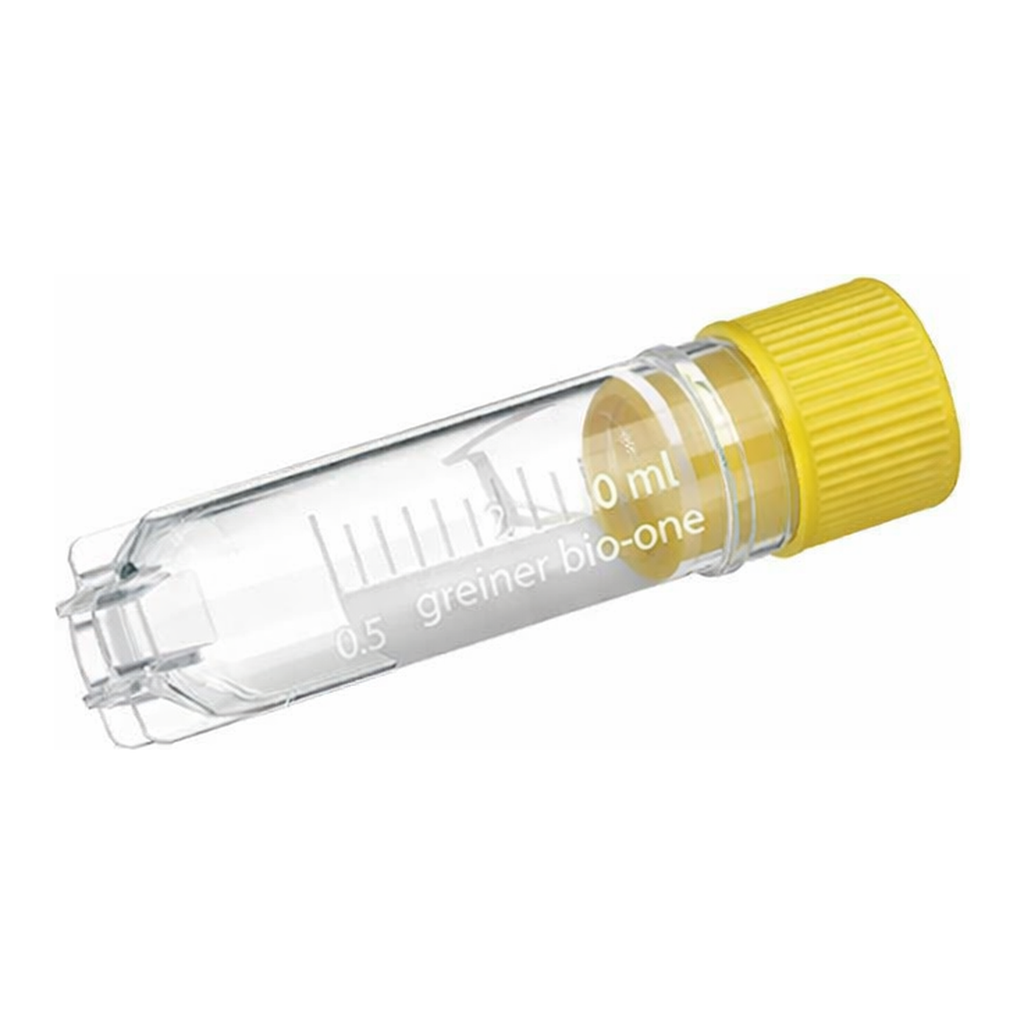 Greiner Bio One CRYO.S, 2 ML, PP, ROUND BOTTOM,INTERNAL THREAD, YELLOW SCREW CAP, WRITING AREA, STARFOOT, NATURAL, STERILE, 100 PCS./BAG