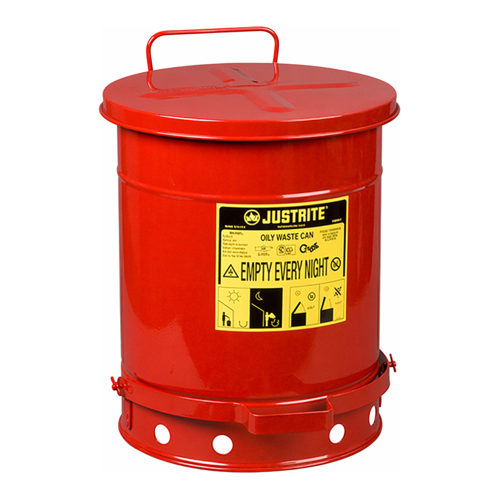 Justrite 09308 / 10갤런 풋페달/저소음형 오일류 폐기물통 (철제/38L/빨강)/OD 354x464mm/4.8kg[1EA]