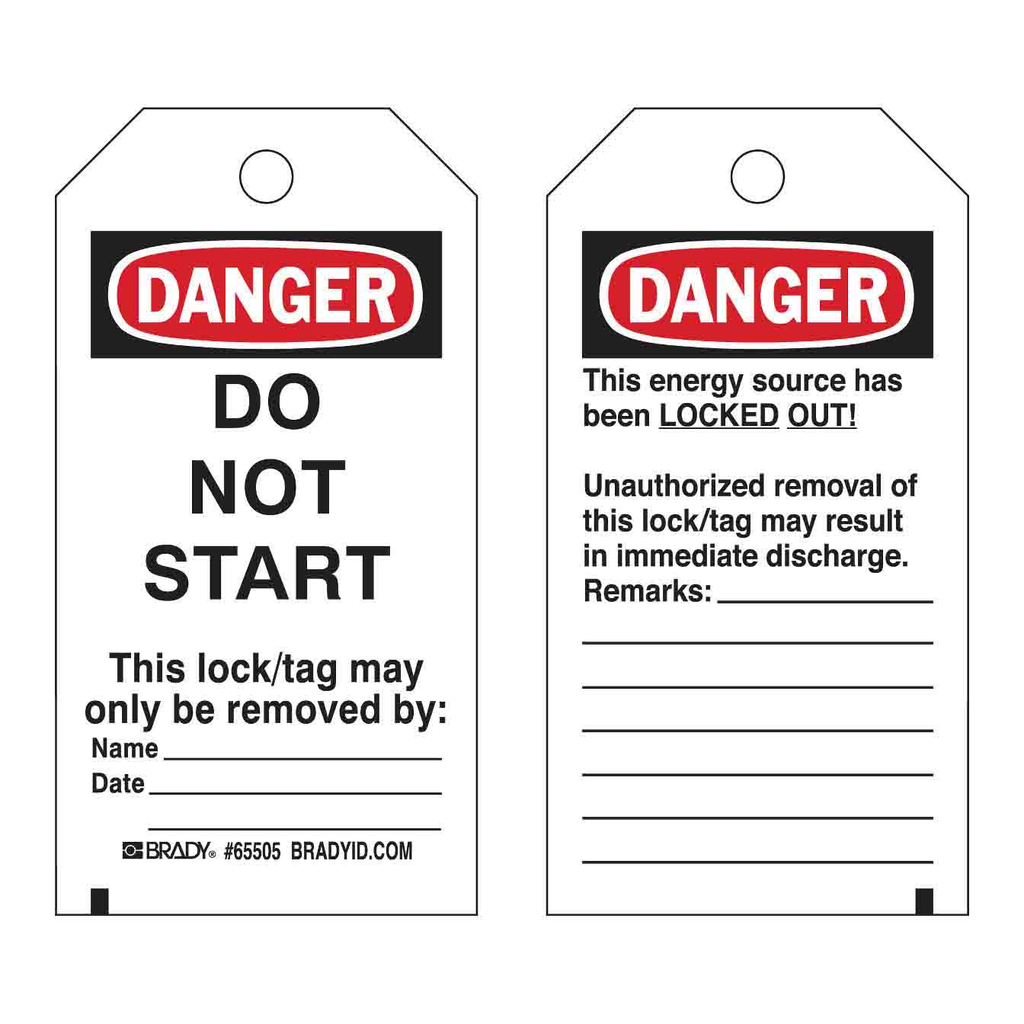 Brady DANGER Do Not Start Lockout Tagout Tags