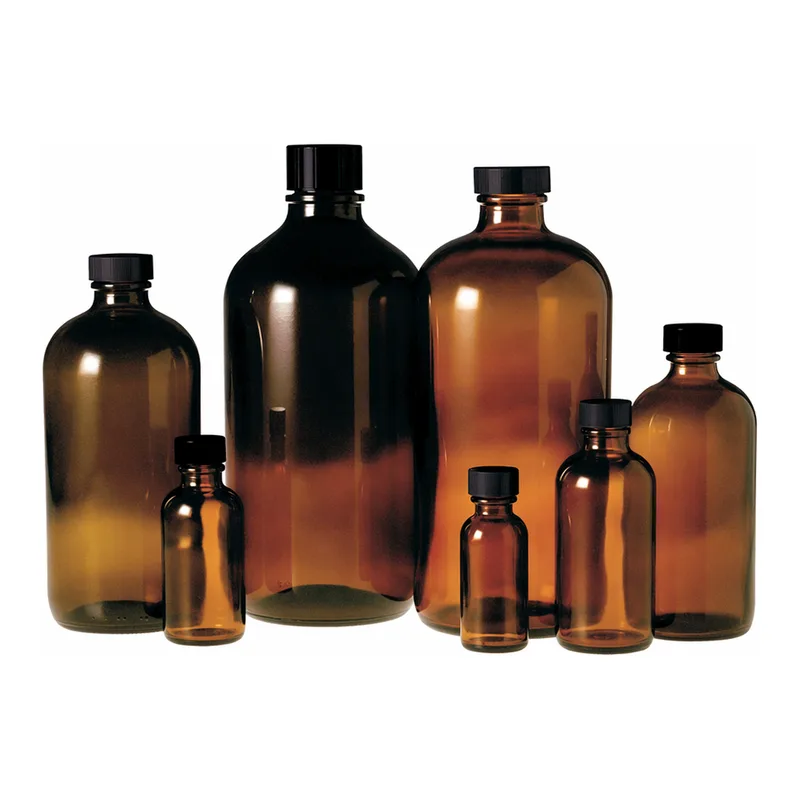 Thermo Fisher Scientific Amber Boston Round Bottles with Black Phenolic Rubber Cap