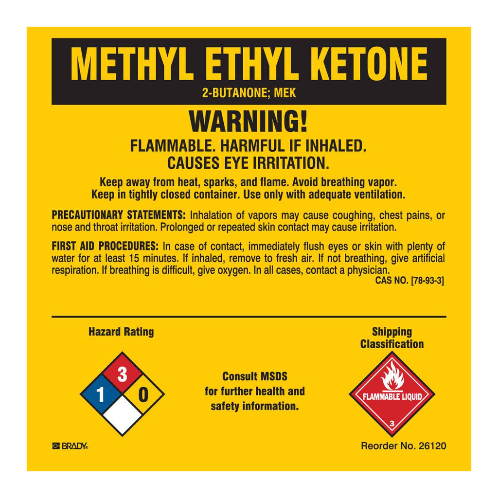 Brady Methyl Ethyl Ketone Hazard Rating and Shipping Classification Labels