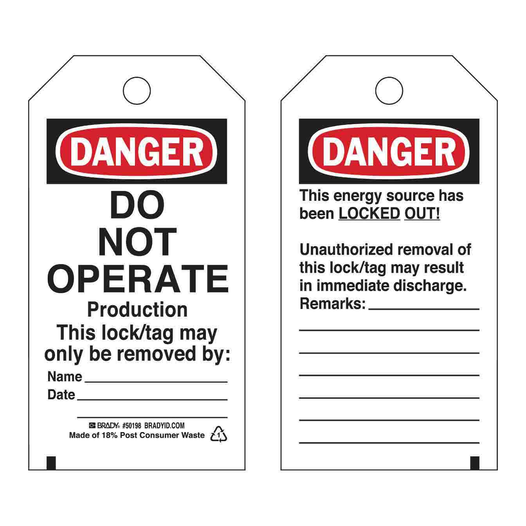 Brady DANGER Do Not Operate Production Lockout Tagout Tags