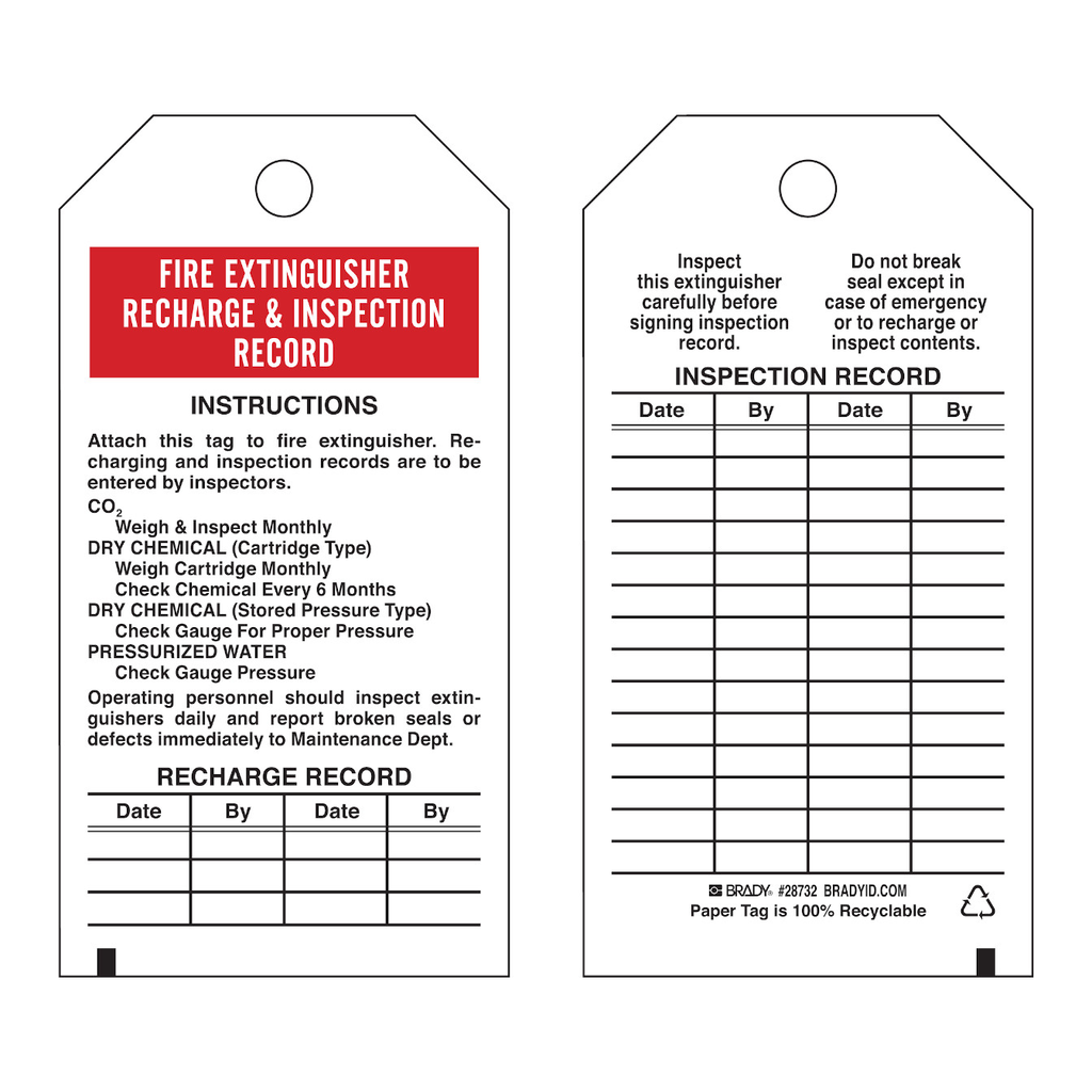 Brady Recharge and Inspection Record Tags: FIRE EXTINGUISHER RECHARGE AND INSPECTION RECORD: …