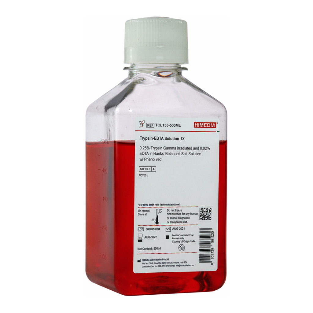 Himedia Trypsin-EDTA Solution 1X 0.25% Trypsin Gamma irradiated and 0.02% EDTA in Hanks` Balanced Salt Solution w/ Phenol red