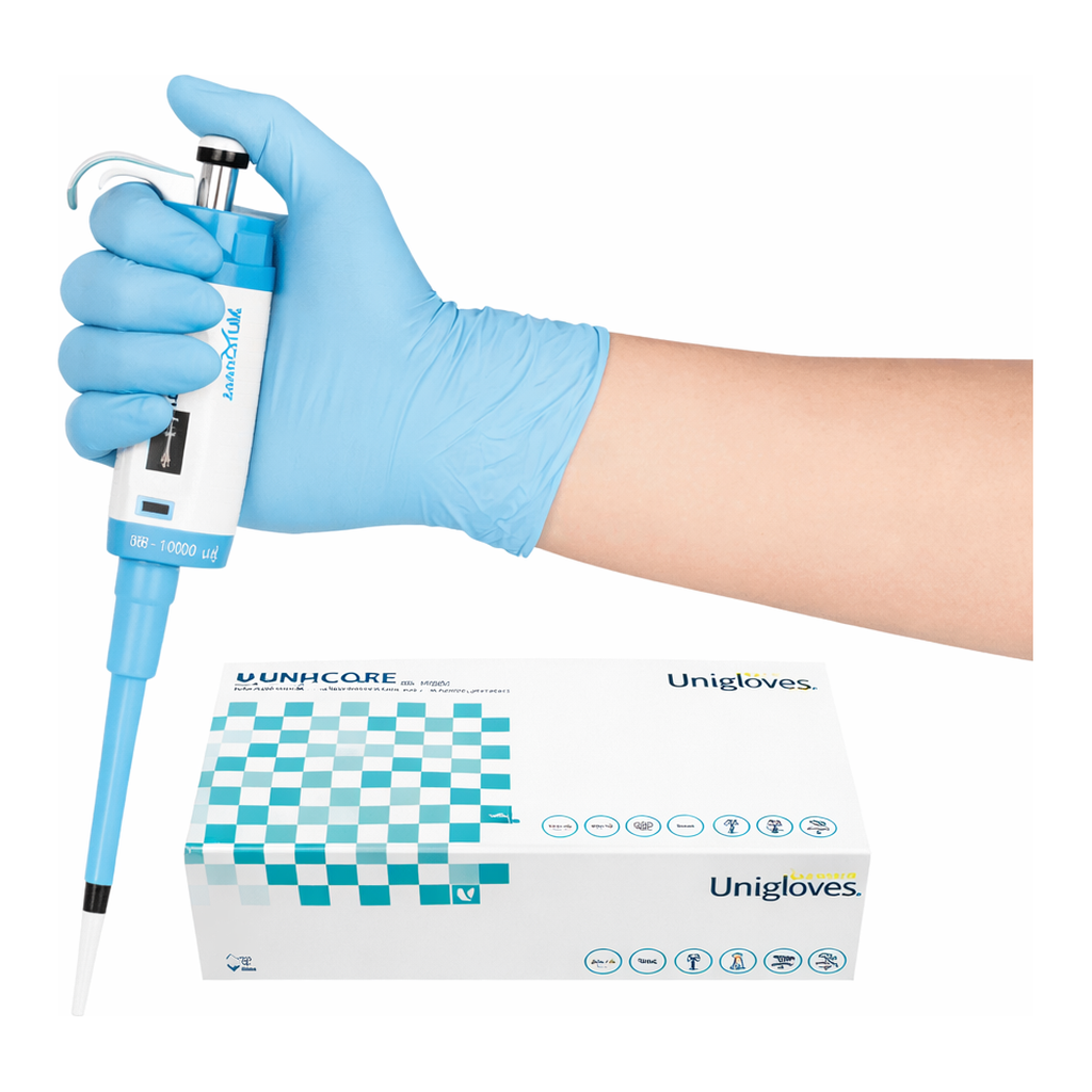 Daihan Science UniGloves Light-weight Nitrile Exam Glove, Powder-Free, Finger Textured, L240mm