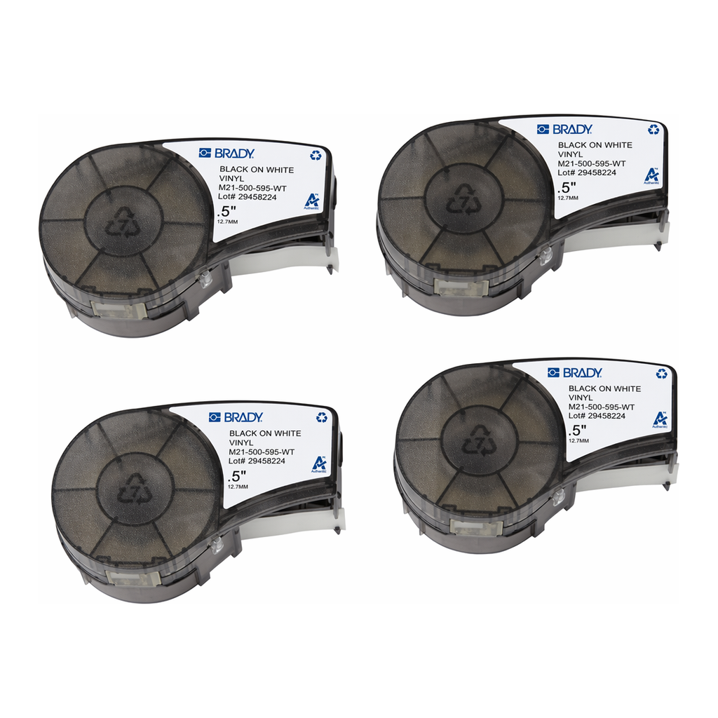 Brady All Weather Permanent Adhesive Vinyl Label Tape with Ribbon for M21 Printers - 0.5", Black on White, 4 Pack