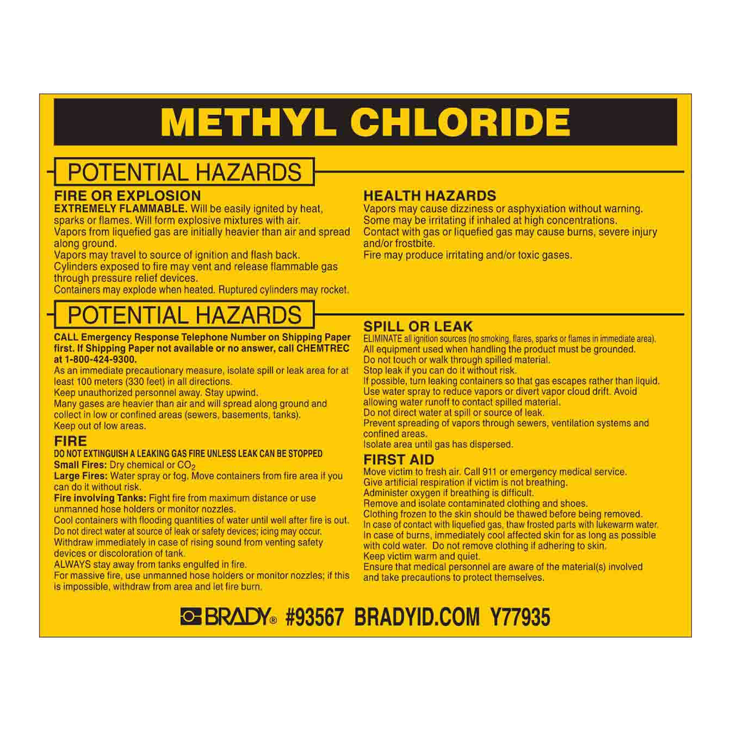 Brady METHYL CHLORIDE Labels