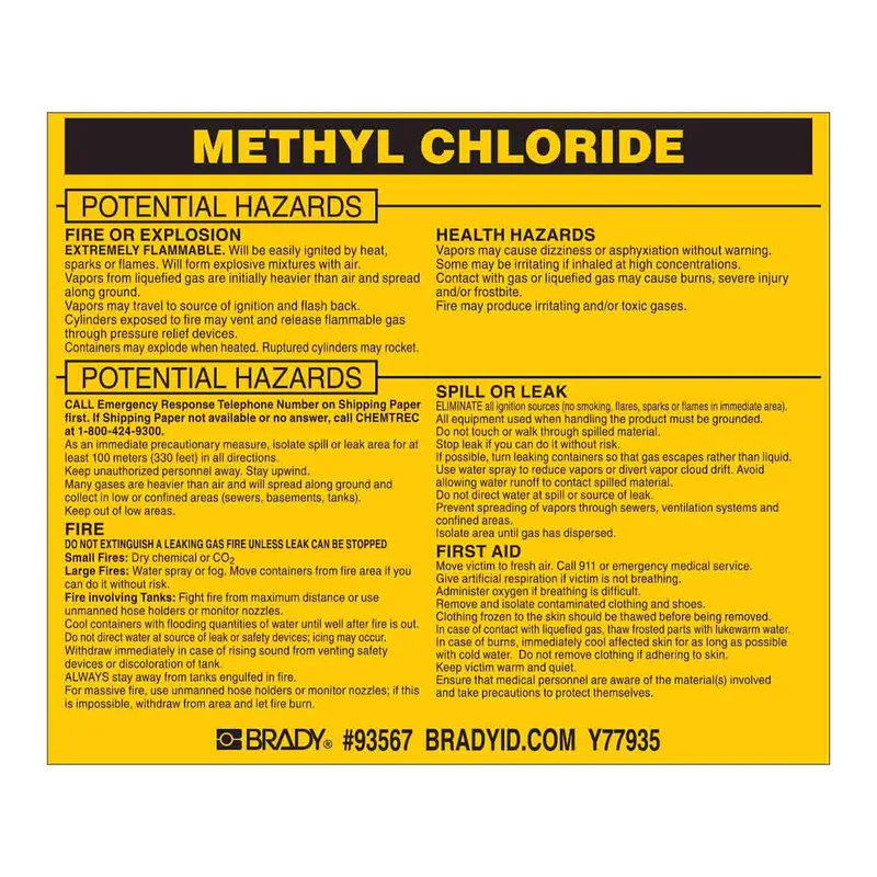 Brady METHYL CHLORIDE Labels