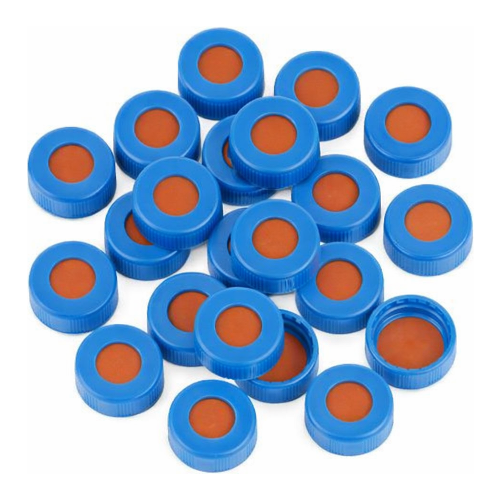 Restek Caps, Short Screw, 9mm Blue Ribbed, PTFE/Butyl Rubber, Lined for Agilent 7693A 100-pk.