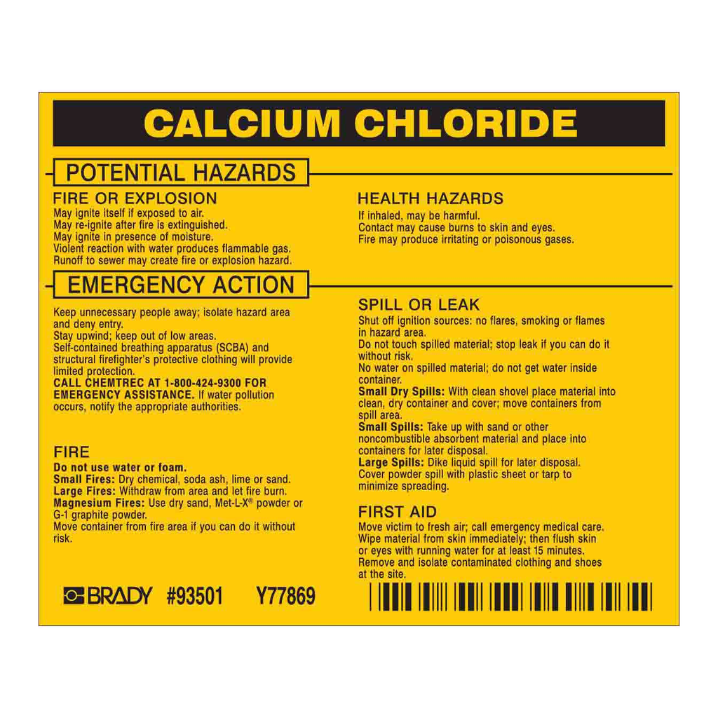 Brady CALCIUM CHLORIDE Labels