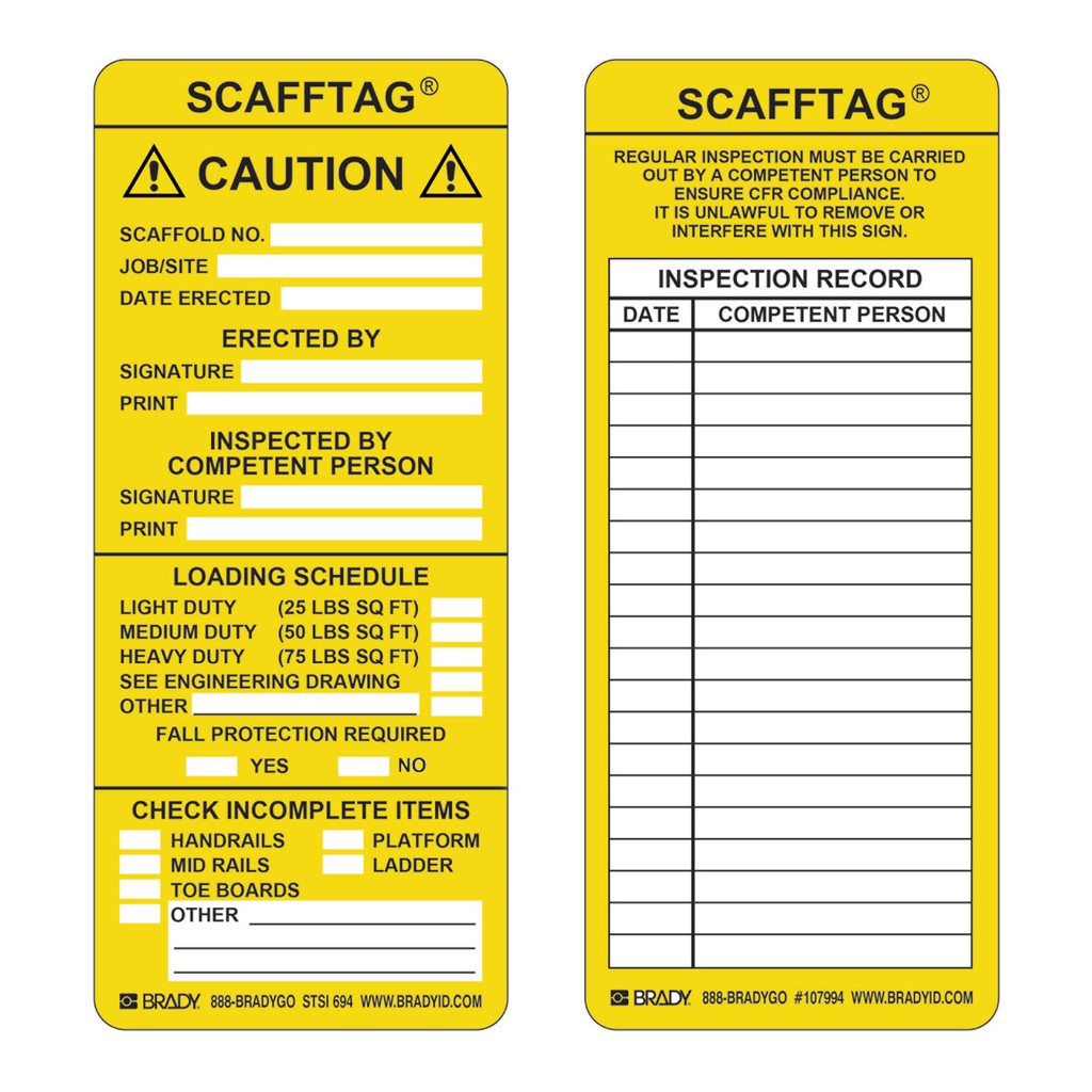 Brady SCAFFTAG CAUTION Scaffold Inspection Tag Inserts