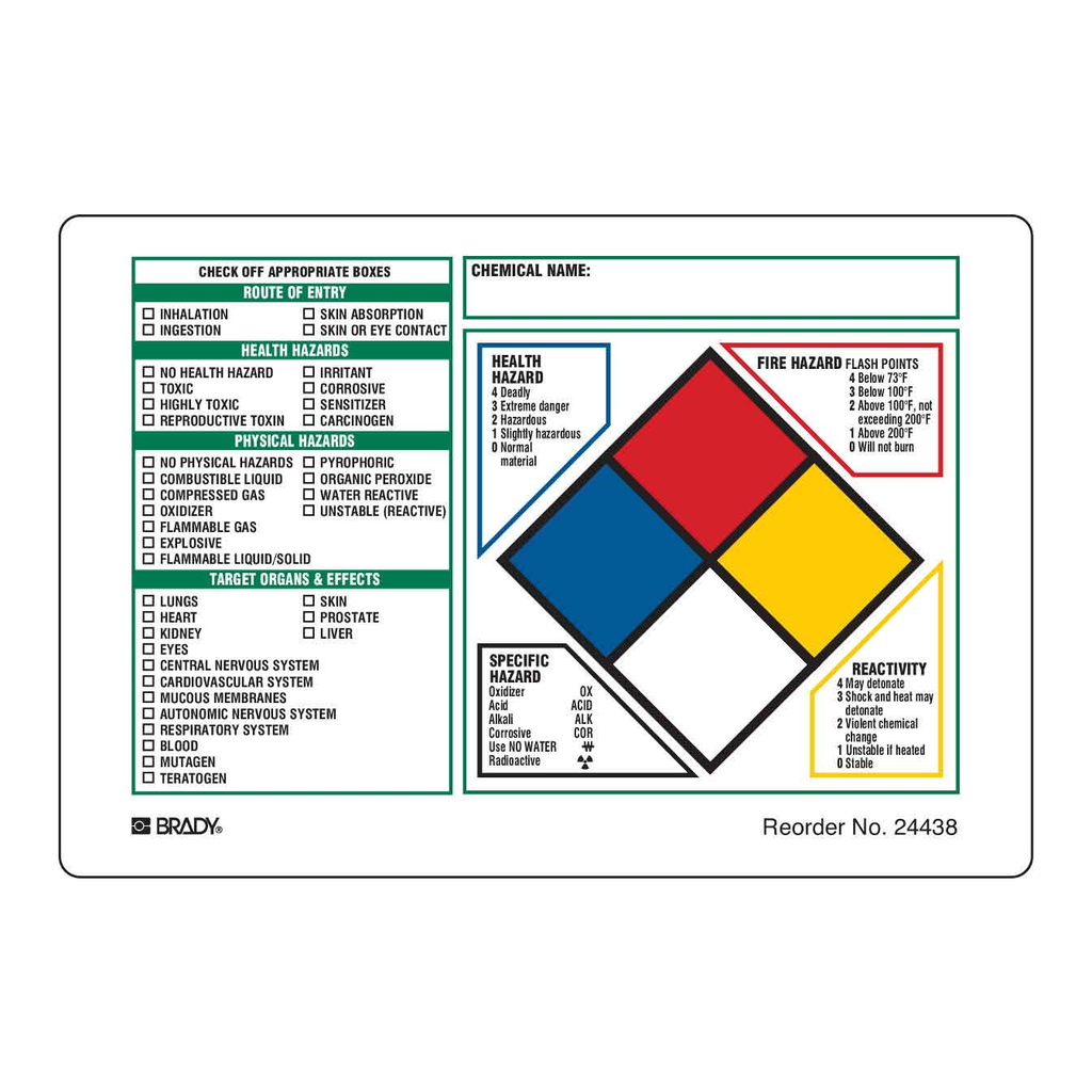 Brady Chemical Hazard Check and NFPA Hazard Rating Labels