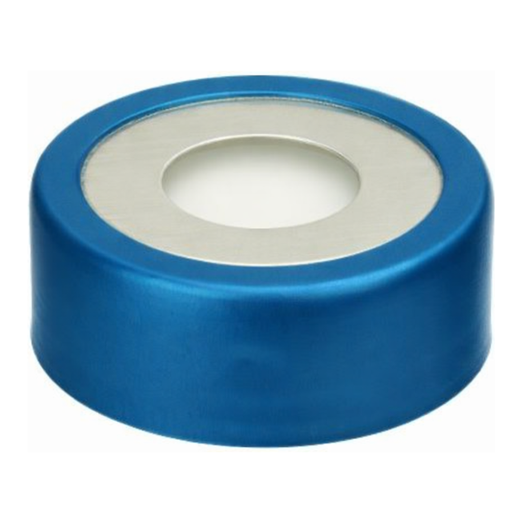 Restek 20mm Magnetic Crimp Cap, Blue Bi-Metal, 3mm PTFE/Silicone Septum w/8mm Hole, 100-pk