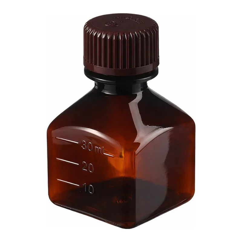 Thermo Fisher Scientific Nalgene Square Amber PETG Media Bottles with Closure: Nonsterile, Shrink-Wrapped Trays, 30mL