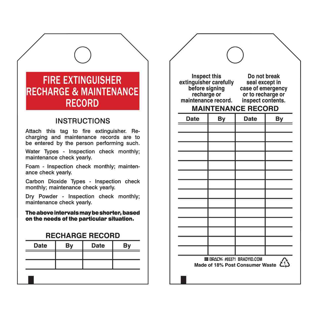 Brady Fire Extinguisher Recharge and Maintenance Record Tags