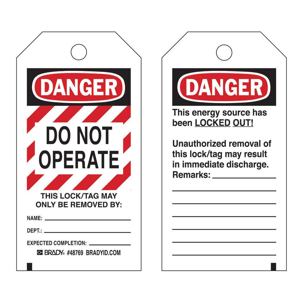 Brady DANGER Do Not Operate Energy Source Lockout Tags