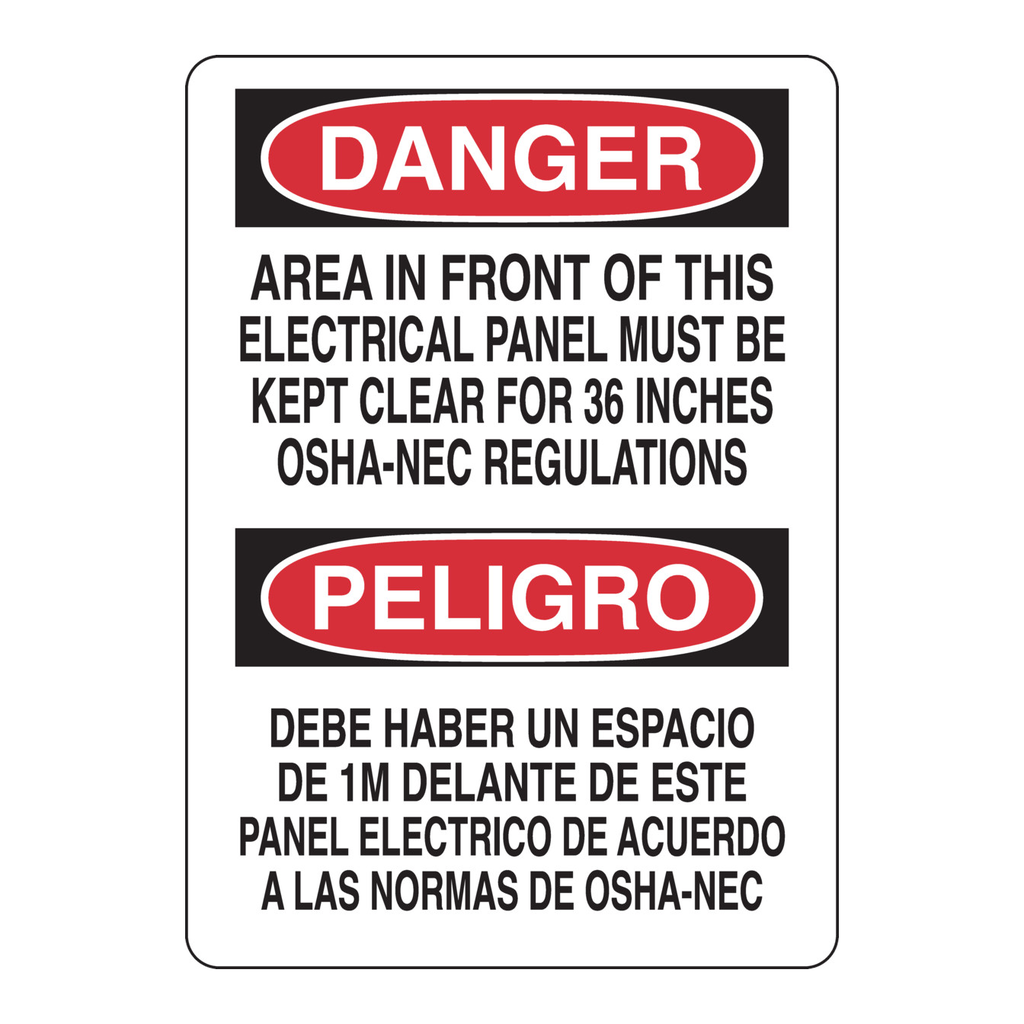 Brady Bilingual DANGER Area In Front Of Electrical Panel Must Be Kept Clear For 36 Inches. OSHA-NEC Sign