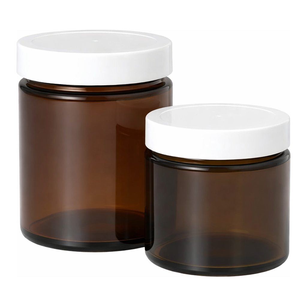 Straight-sided Amber Soda Glass Jars with Caps