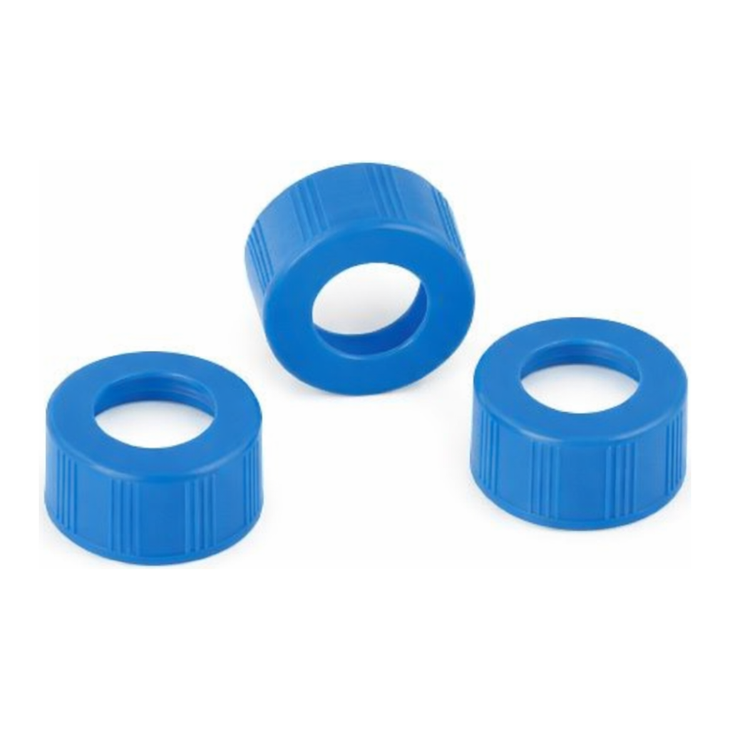 Restek Caps, Short Screw, 9mm Blue Ribbed PTFE/Silicone Lined for Agilent 7693A, 100-pk