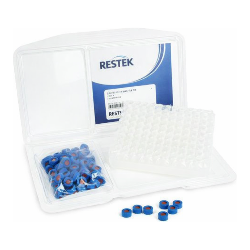 Restek 2ml Screw Thread Vial Kit, Clear w/Grad Marking Spot 9mm, Blue PTFE/Butyl Rubber Liner 100