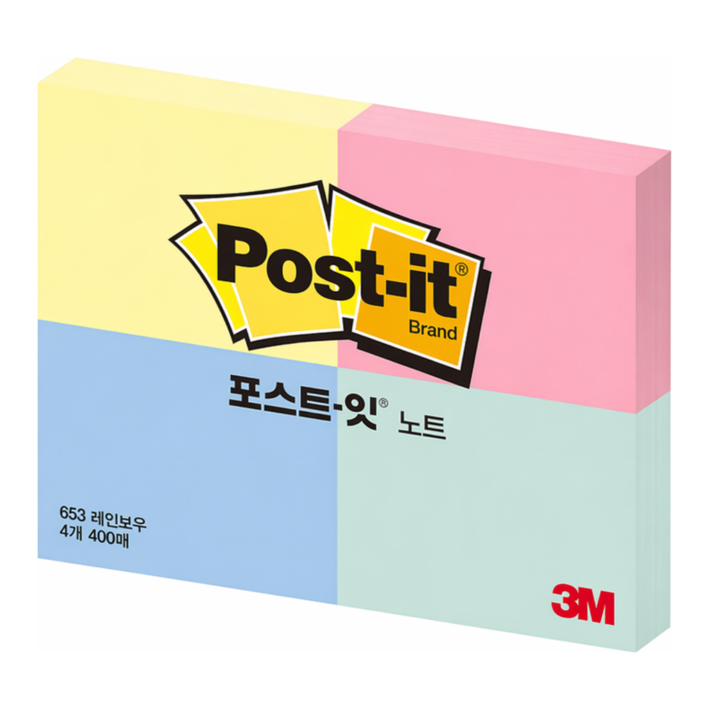 OFFICENEX 3M 포스트잇 653-4 RA 레인보우 4색(구:3색) 4패드 51x38mm