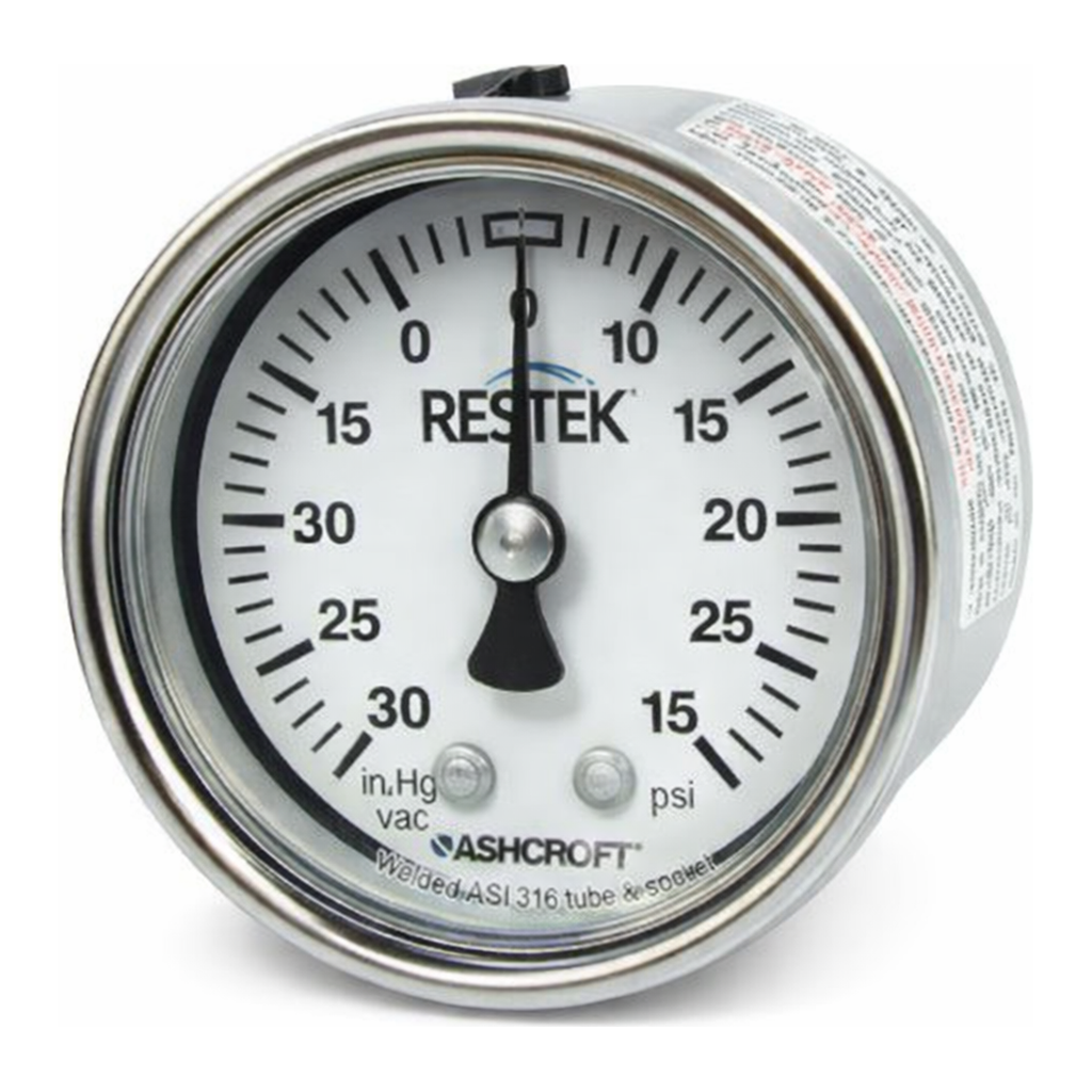 Restek Gauge, Vacuum/Pressure, 30in to 15 psig compound 1/8in NPT CBM, 2in diam, SS