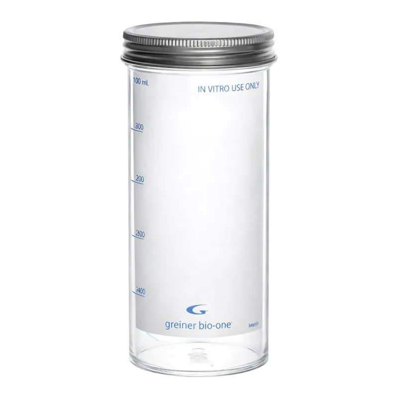 Greiner Bio One MULTIPURPOSE CONTAINER, 290 ML, PS, 58/121 MM,METAL SCREW CAP, CLEAR, PLAIN LABEL, ASEPTIC, 12 PCS./BAG