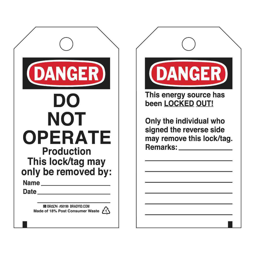 Brady DANGER Locked Out Do Not Operate Production Lockout Tagout Tags