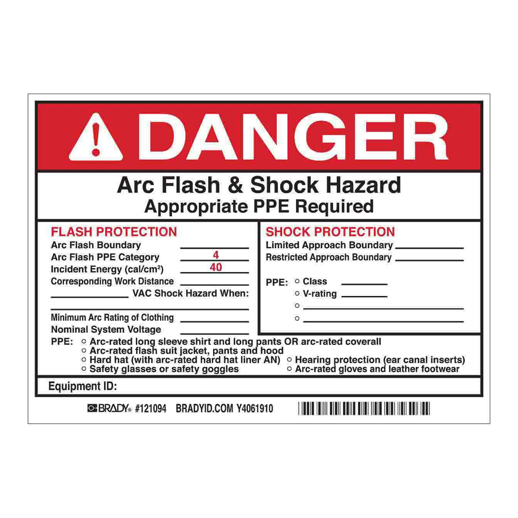Brady DANGER Flash Protection Arc Flash Boundary Arc Flash PPE Category 4 Labels
