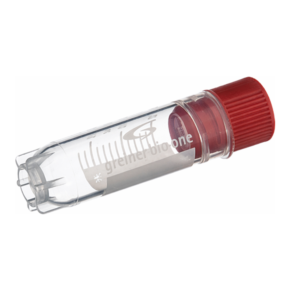 Greiner Bio One CRYO.S, 2 ML, PP, ROUND BOTTOM,INTERNAL THREAD, RED SCREW CAP, WRITING AREA, STARFOOT, NATURAL, STERILE, 100 PCS./BAG