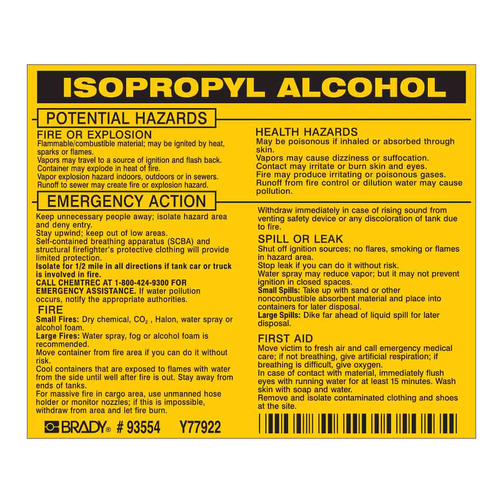 Brady ISOPROPYL ALCOHOL Labels