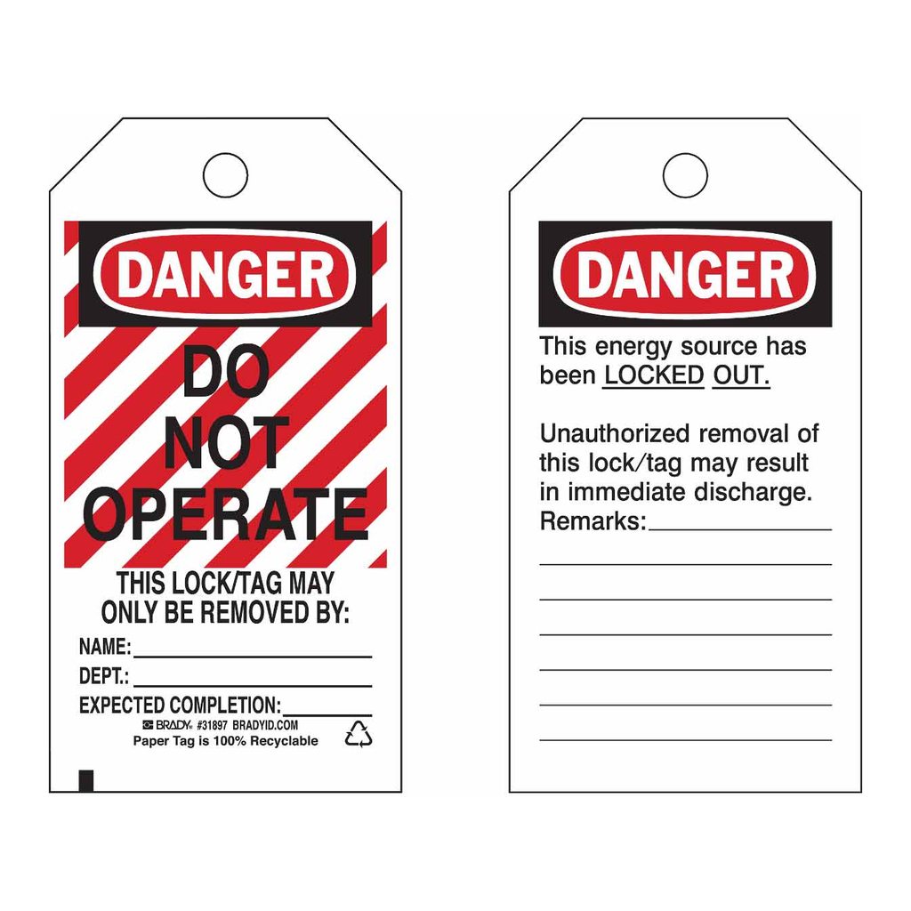 Brady DANGER Do Not Operate Energy Source Lockout Tagout Tags