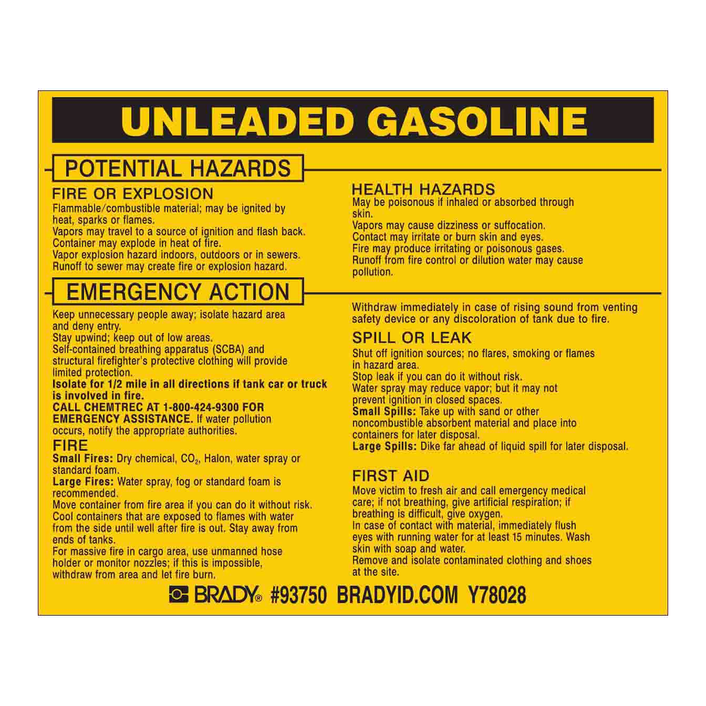 Brady UNLEADED GASOLINE Labels