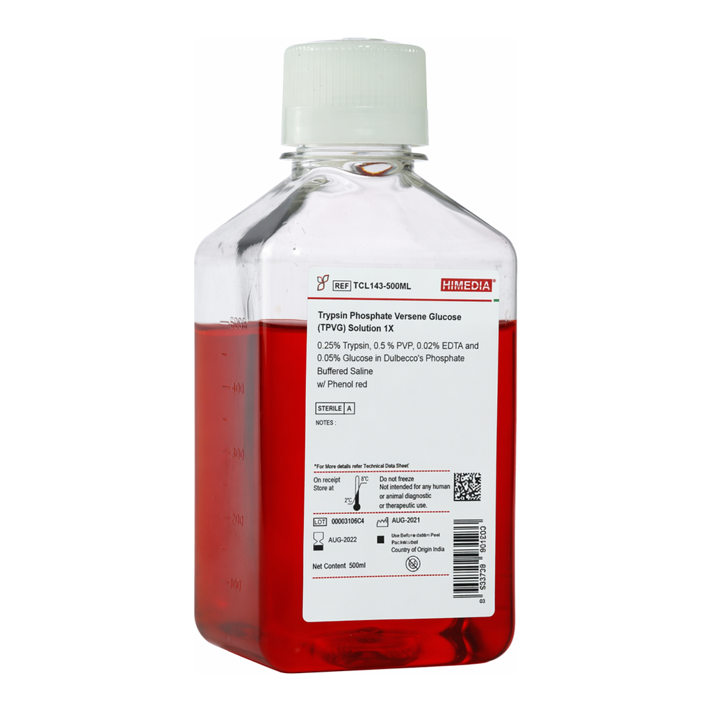 Himedia Trypsin Phosphate Versene Glucose (TPVG) Solution 1X 0.25% Trypsin, 0.5 % PVP, 0.02% EDTA and 0.05% Glucose in Dulbecco`s Phosphate Buffered Saline w/ Phenol red
