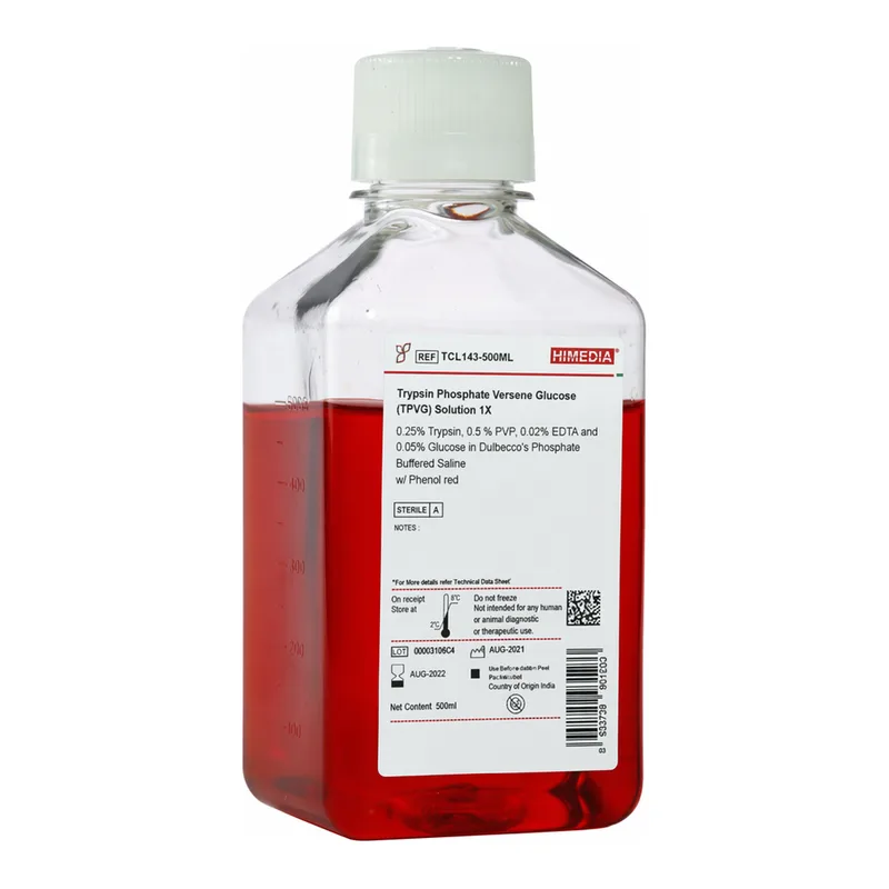 Himedia Trypsin Phosphate Versene Glucose (TPVG) Solution 1X 0.25% Trypsin, 0.5 % PVP, 0.02% EDTA and 0.05% Glucose in Dulbecco`s Phosphate Buffered Saline w/ Phenol red