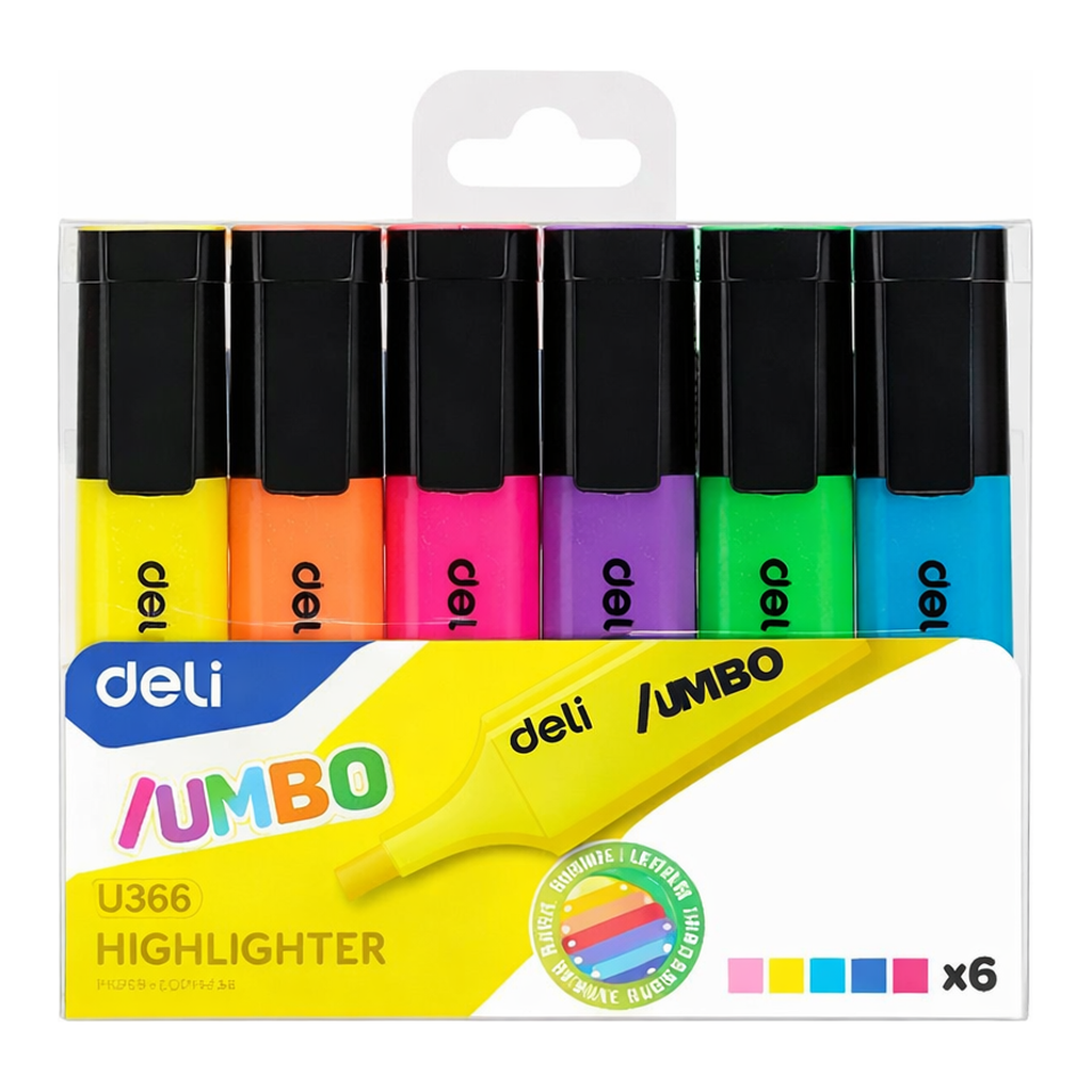 OFFICENEX DELI EU366 형광펜 6색 세트(1~5mm, 노랑/주황/분홍/보라/녹색/청색)