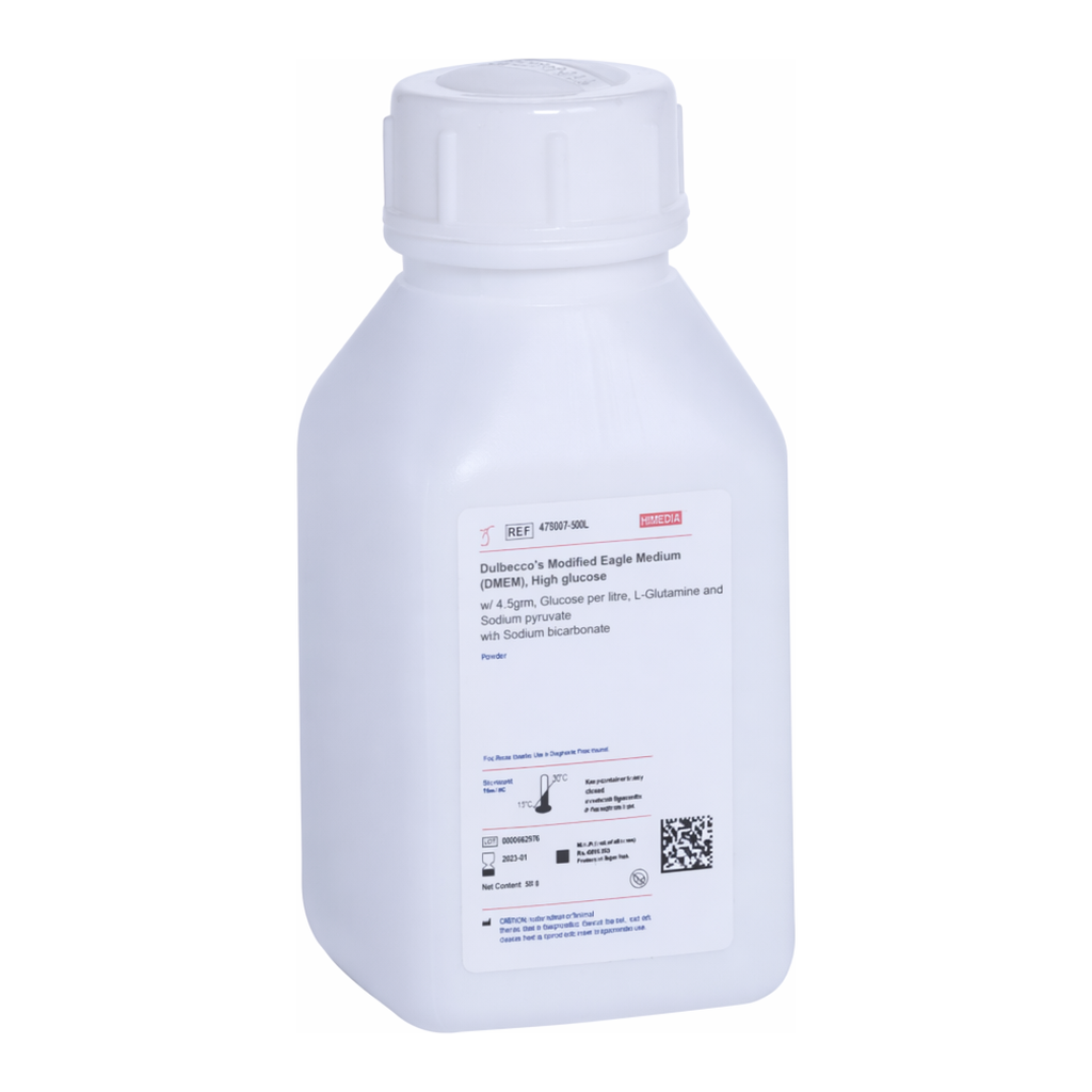 Himedia Dulbecco`s Modified Eagle Medium (DMEM), High glucose With 4.5gs Glucose per litre Without L-Glutamine, Calcium chloride, HEPES buffer, Sodium pyruvate and  Sodium bicarbonate