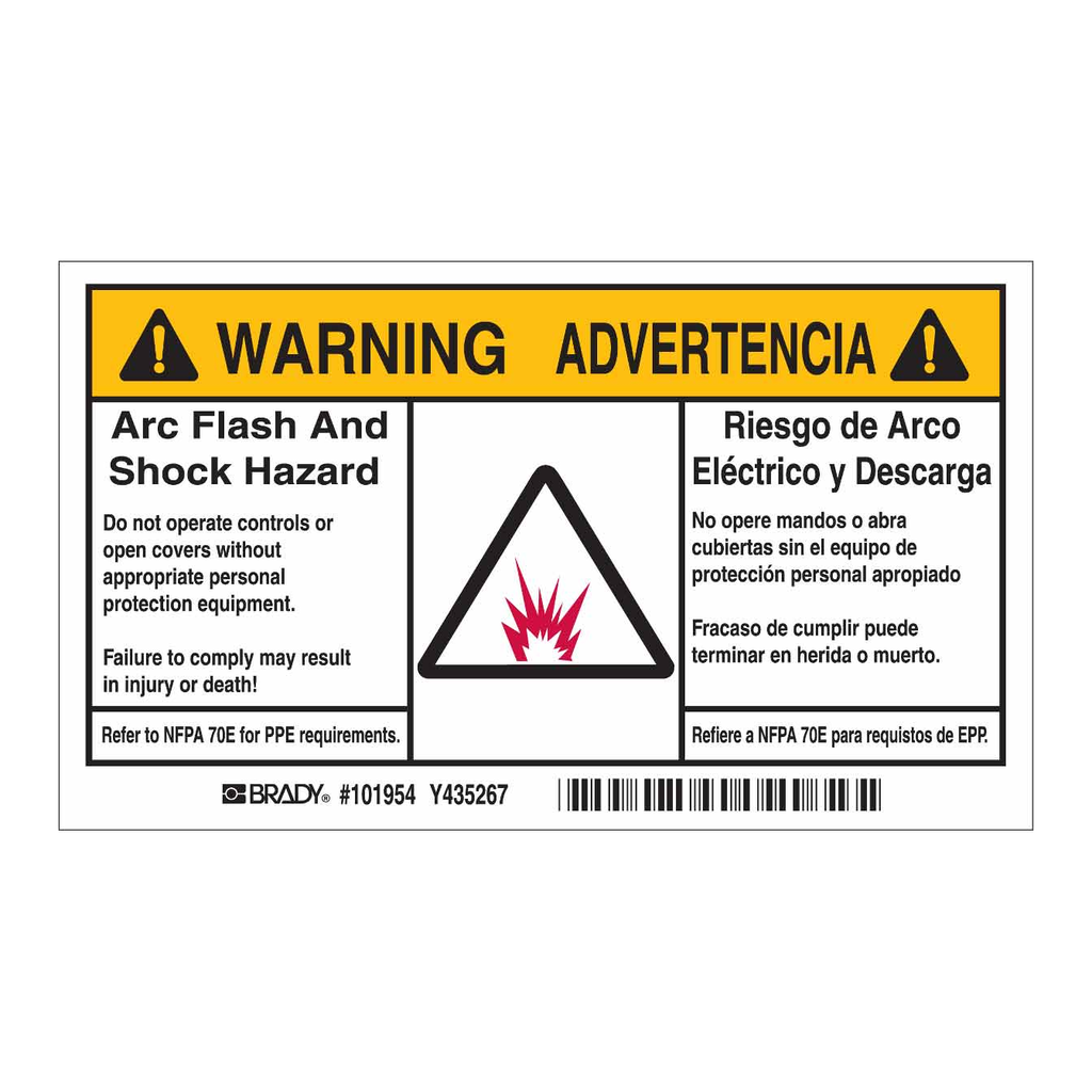 Brady Bilingual WARNING Arc Flash And Shock Hazard Labels