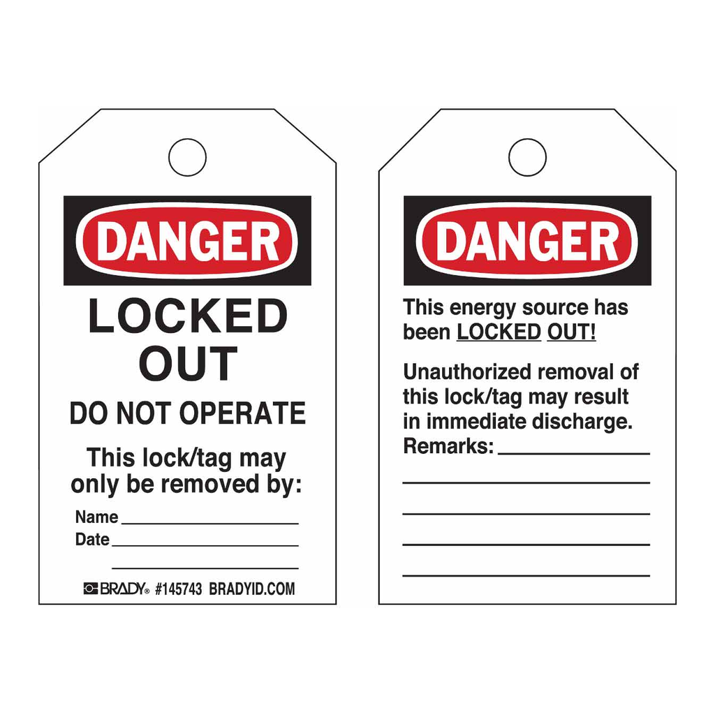 Brady ToughWash DANGER Locked Out Do Not Operate Lockout Tagout Tags
